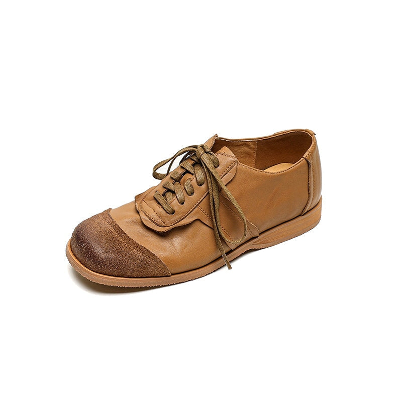 Vintage Handmade Horse Leather Women’s Flat Oxford Shoes in Dark Coffee/Black/Apricot