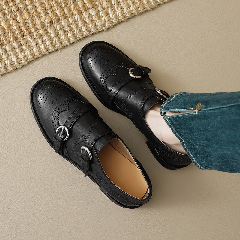 Vintage Handmade Leather Monk Strap Brogue Loafers with Low Block Heel Black/Brown