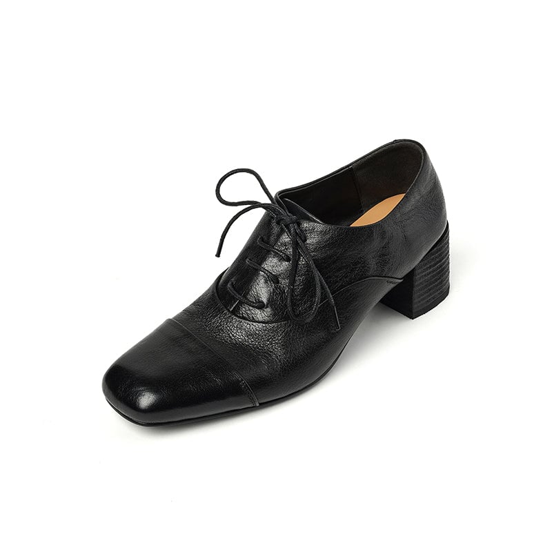 Vintage Leather Square Toe Lace-Up Oxford Derby Shoes in Black/Brown