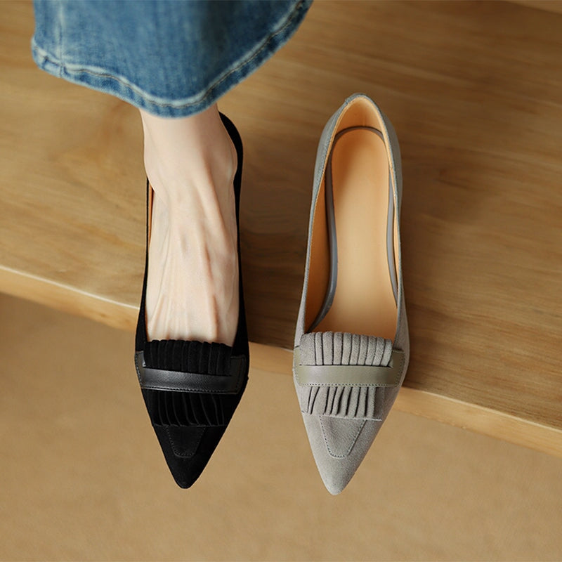 Vintage Pointed-Toe Suede Tassel Slip-On Pumps for Women 55mm Kitten Kiltie Heels in Black/Grey