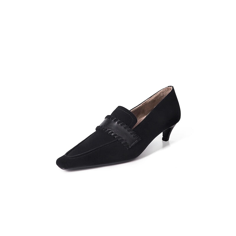 Vintage Suede Square Toe Slip-On 40mm Kitten Heel Pumps for Women in Black/Brown