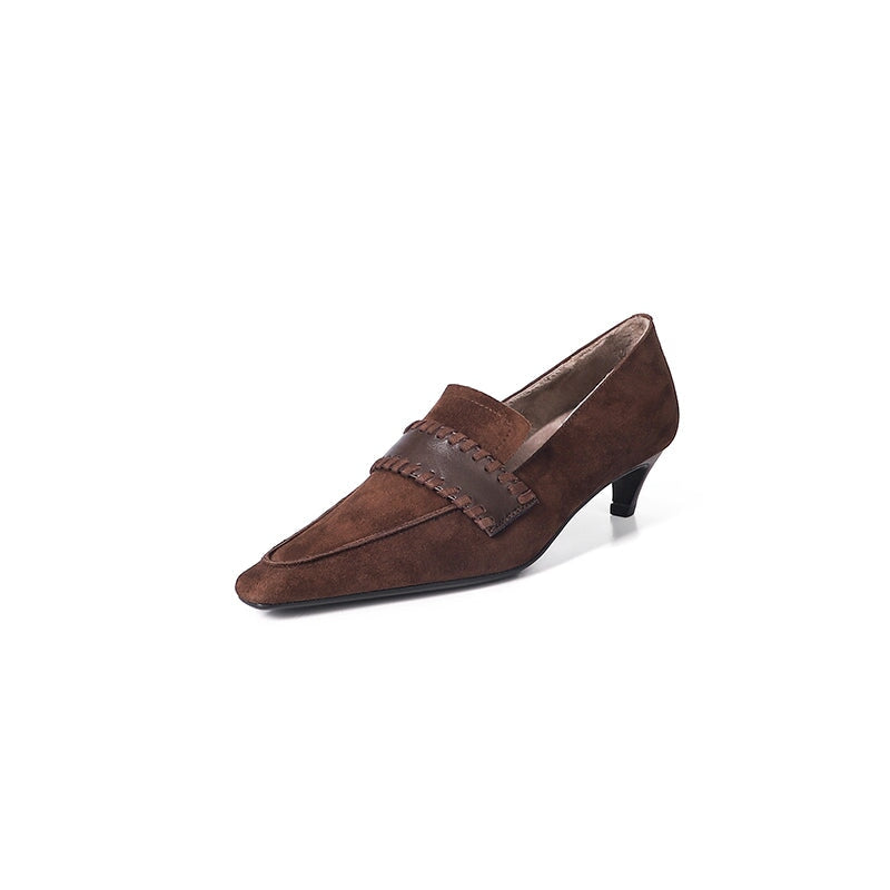 Vintage Suede Square Toe Slip-On 40mm Kitten Heel Pumps for Women in Black/Brown
