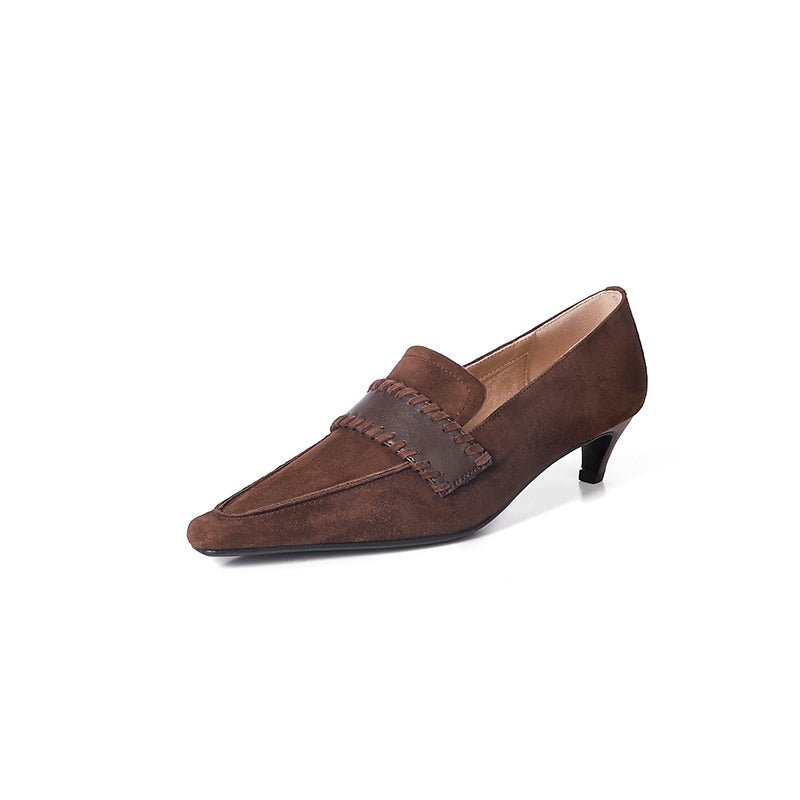 Vintage Suede Square Toe Slip-On 40mm Kitten Heel Pumps for Women in Black/Brown
