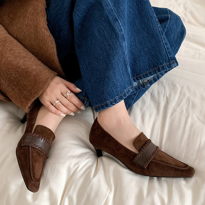 Vintage Suede Square Toe Slip-On 40mm Kitten Heel Pumps for Women in Black/Brown