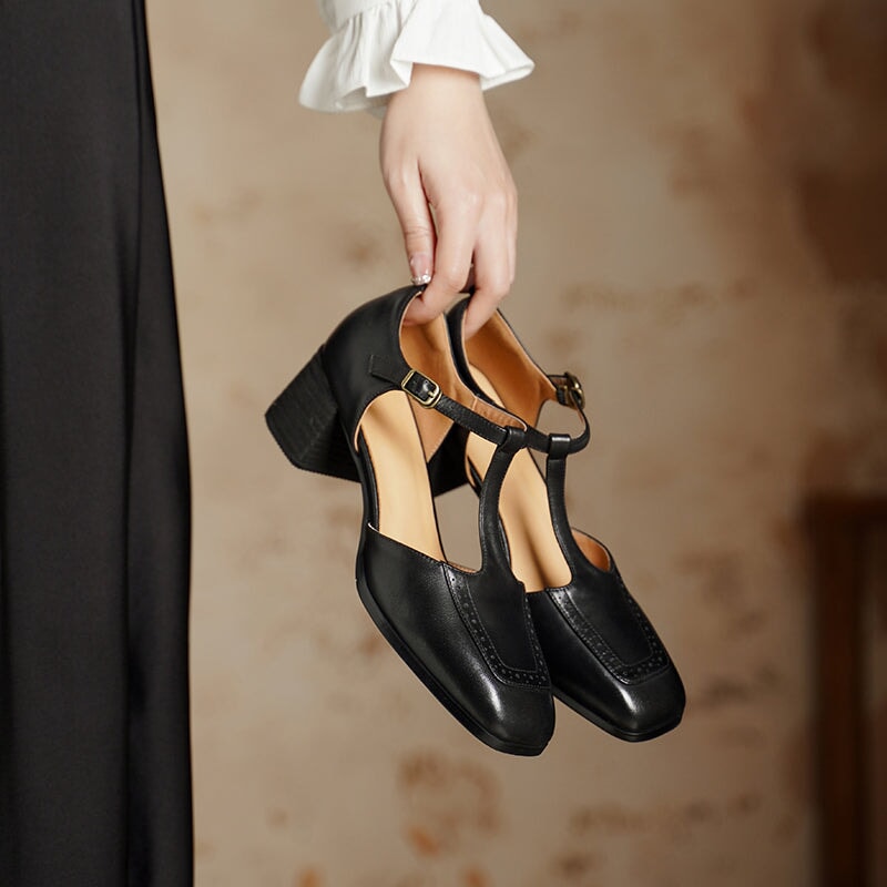 Vintage T-Strap Brogue Leather Square Toe 55mm Block Heel Pumps Sandals in Black/Brown