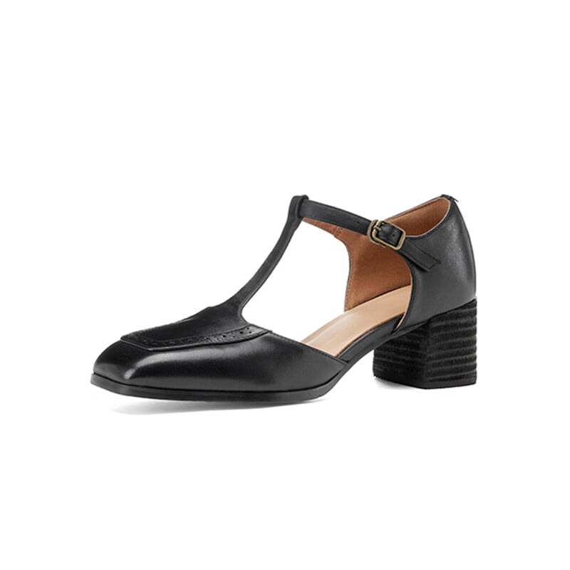 Vintage T-Strap Brogue Leather Square Toe 55mm Block Heel Pumps Sandals in Black/Brown