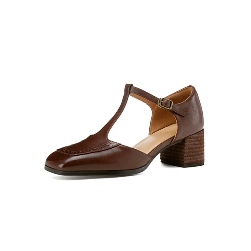 Vintage T-Strap Brogue Leather Square Toe 55mm Block Heel Pumps Sandals in Black/Brown