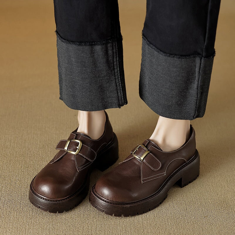 Women's British Style Big Toe Monk Shoes Handmade Horse Leather Buckle Leather Oxfords in Black/Brown