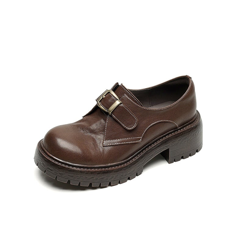 Women's British Style Big Toe Monk Shoes Handmade Horse Leather Buckle Leather Oxfords in Black/Brown