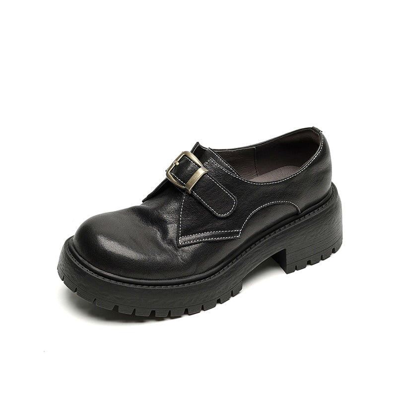 Women's British Style Big Toe Monk Shoes Handmade Horse Leather Buckle Leather Oxfords in Black/Brown