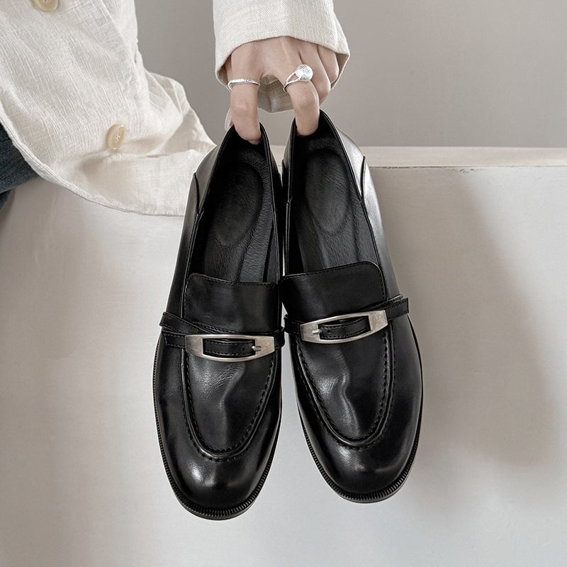 Women's British Style Cow Leather Loafers with Metal Buckle in Black/Brown