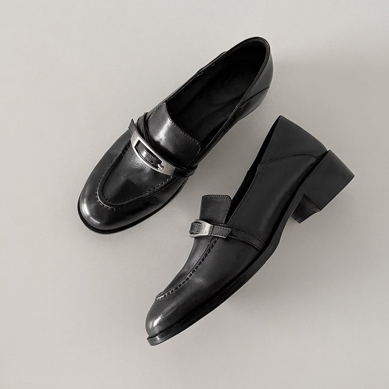 Women's British Style Cow Leather Loafers with Metal Buckle in Black/Brown