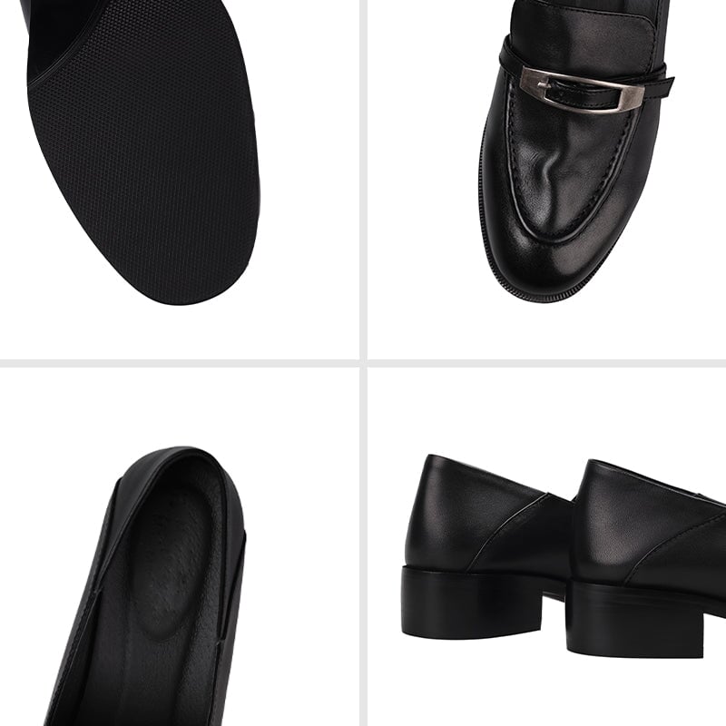 Women's British Style Cow Leather Loafers with Metal Buckle in Black/Brown