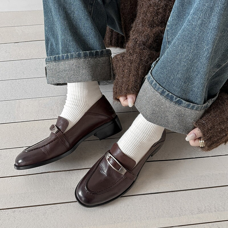 Women's British Style Cow Leather Loafers with Metal Buckle in Black/Brown