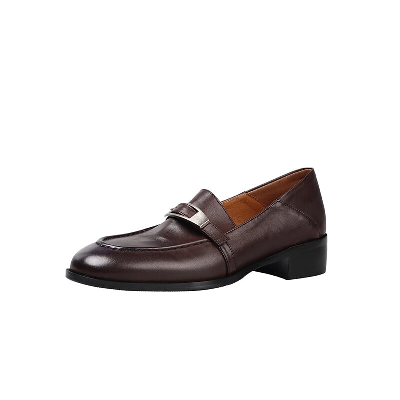 Women's British Style Cow Leather Loafers with Metal Buckle in Black/Brown