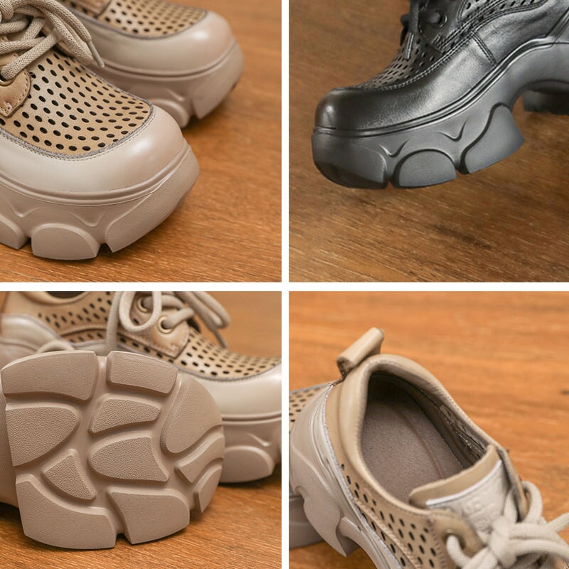 Womens Handmade Leather Platform Oxfords For Summer Perforated Design in Beige/Khaki/Black