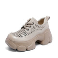 Womens Handmade Leather Platform Oxfords For Summer Perforated Design in Beige/Khaki/Black