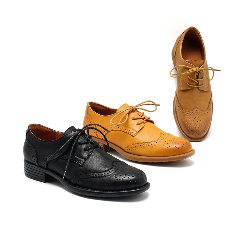 Dwarves Women's Handmade Leather Wingtip Oxford Brogues in Black/Yellow Brown/Khaki