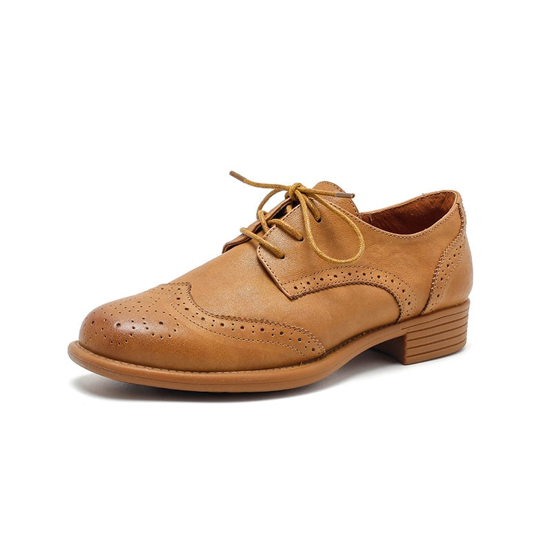 Dwarves Women's Handmade Leather Wingtip Oxford Brogues in Black/Yellow Brown/Khaki