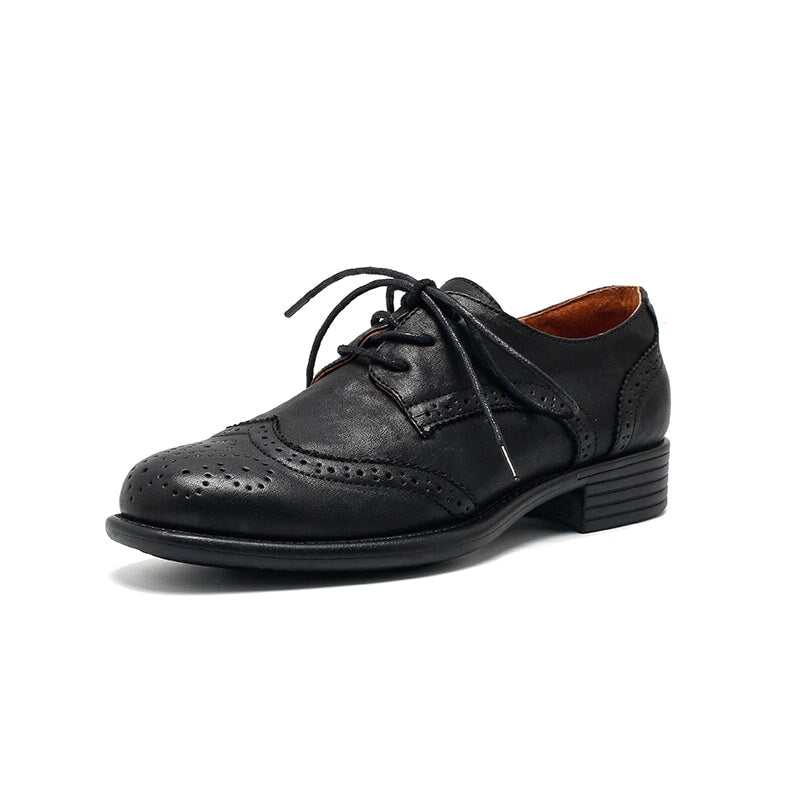 Dwarves Women's Handmade Leather Wingtip Oxford Brogues in Black/Yellow Brown/Khaki