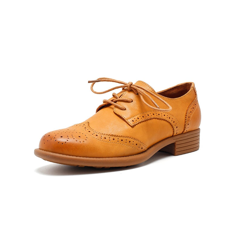 Dwarves Women's Handmade Leather Wingtip Oxford Brogues in Black/Yellow Brown/Khaki