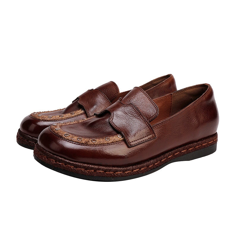 Women's Handmade Retro Studded Leather Loafers Casual Flat Penny Shoes in Black/Coffee
