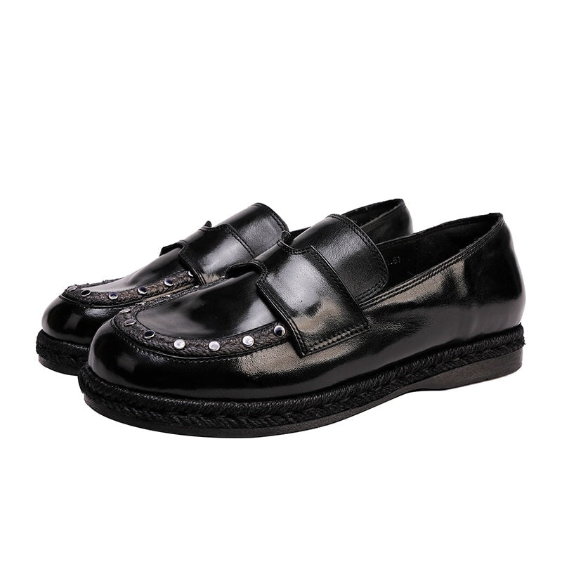 Women's Handmade Retro Studded Leather Loafers Casual Flat Penny Shoes in Black/Coffee
