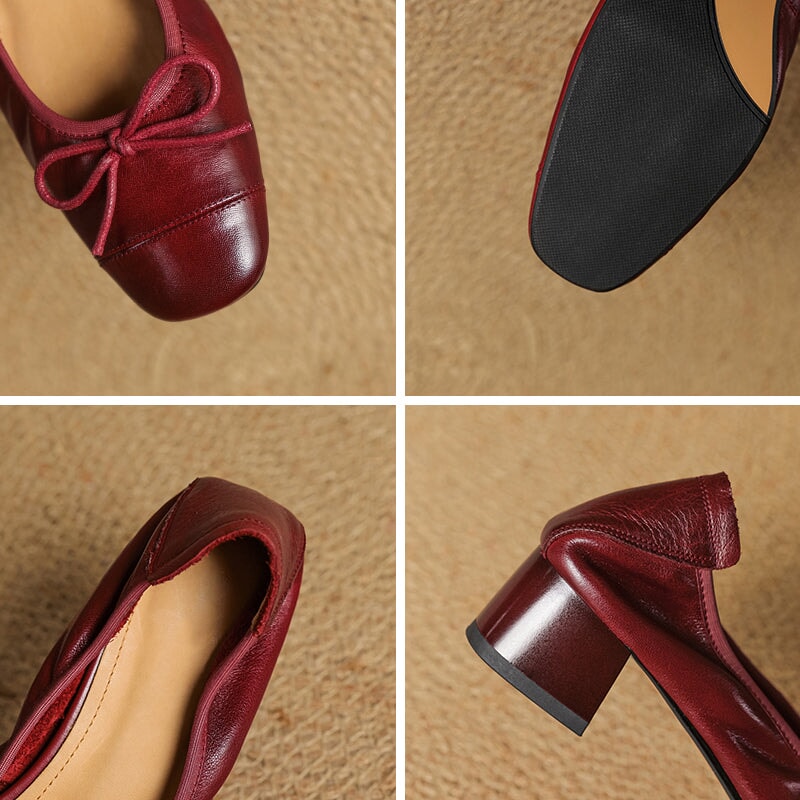Women's Retro Cow Leather Square Toe Bow Pumps in Black/Khaki/Red