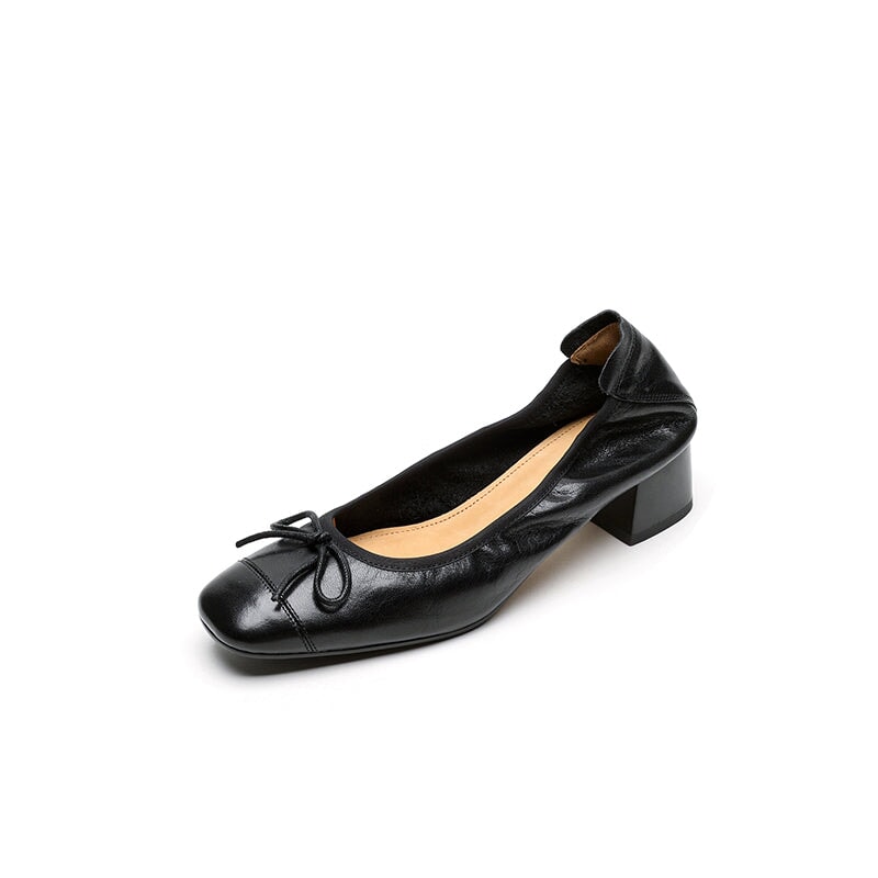 Women's Retro Cow Leather Square Toe Bow Pumps in Black/Khaki/Red