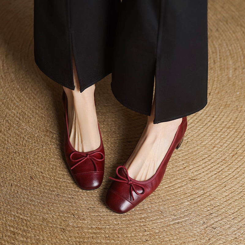 Women's Retro Cow Leather Square Toe Bow Pumps in Black/Khaki/Red