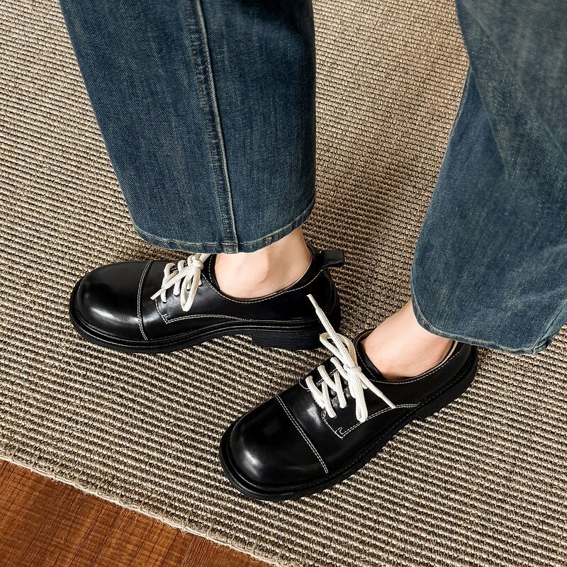 Women's Retro Platform Water-Washed Leather Derby Shoes in Black/Brown