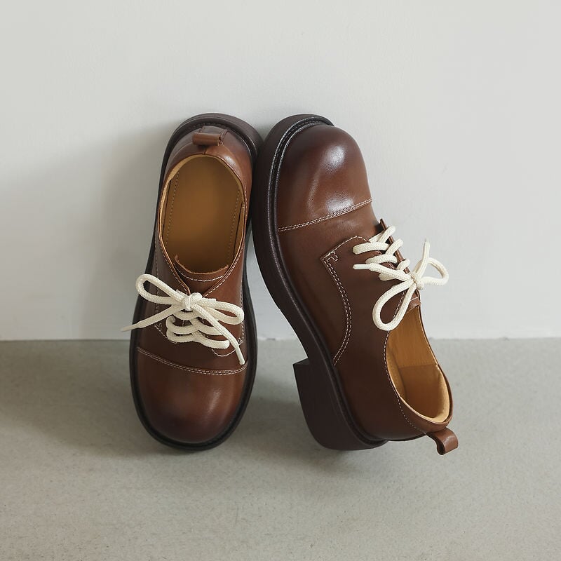 Women's Retro Platform Water-Washed Leather Derby Shoes in Black/Brown