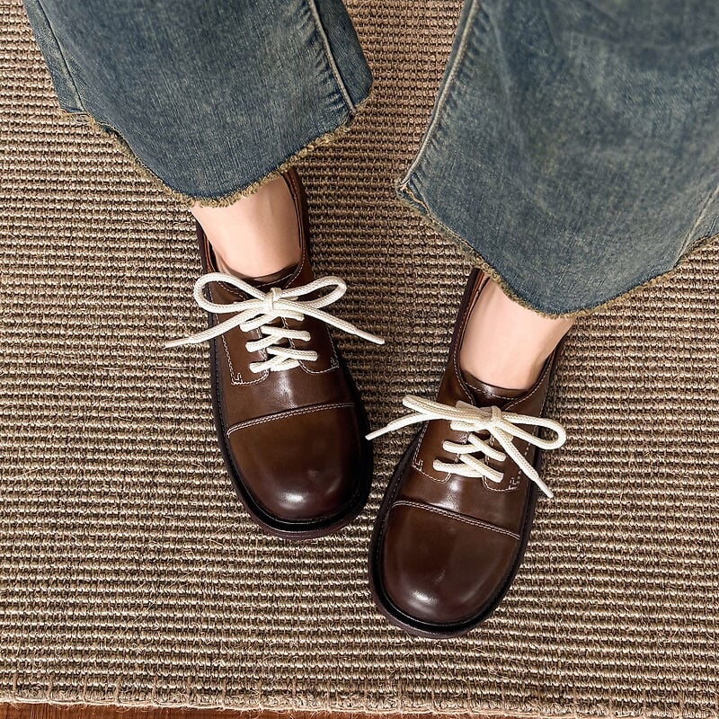 Women's Retro Platform Water-Washed Leather Derby Shoes in Black/Brown