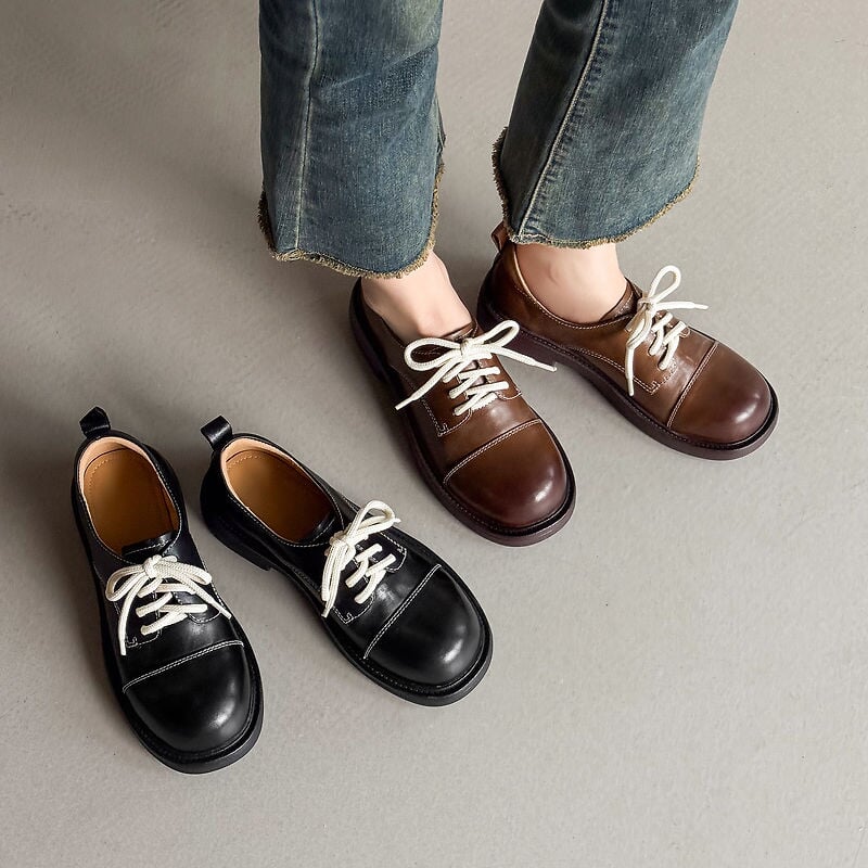 Women's Retro Platform Water-Washed Leather Derby Shoes in Black/Brown