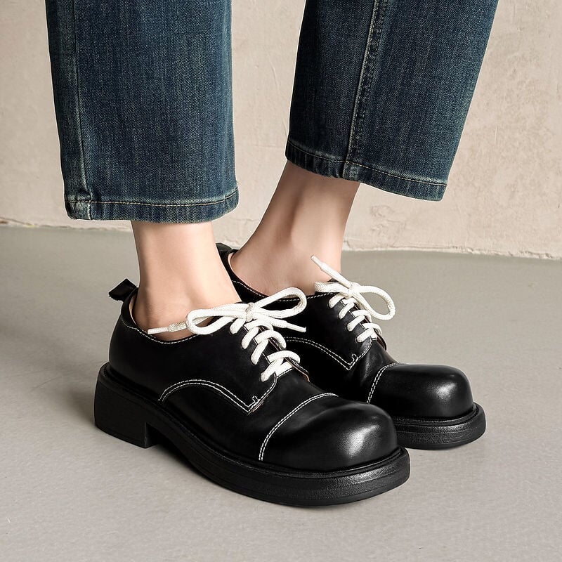 Women's Retro Platform Water-Washed Leather Derby Shoes in Black/Brown