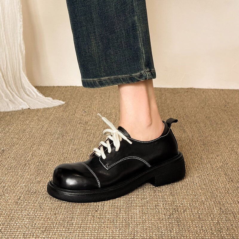 Women's Retro Platform Water-Washed Leather Derby Shoes in Black/Brown