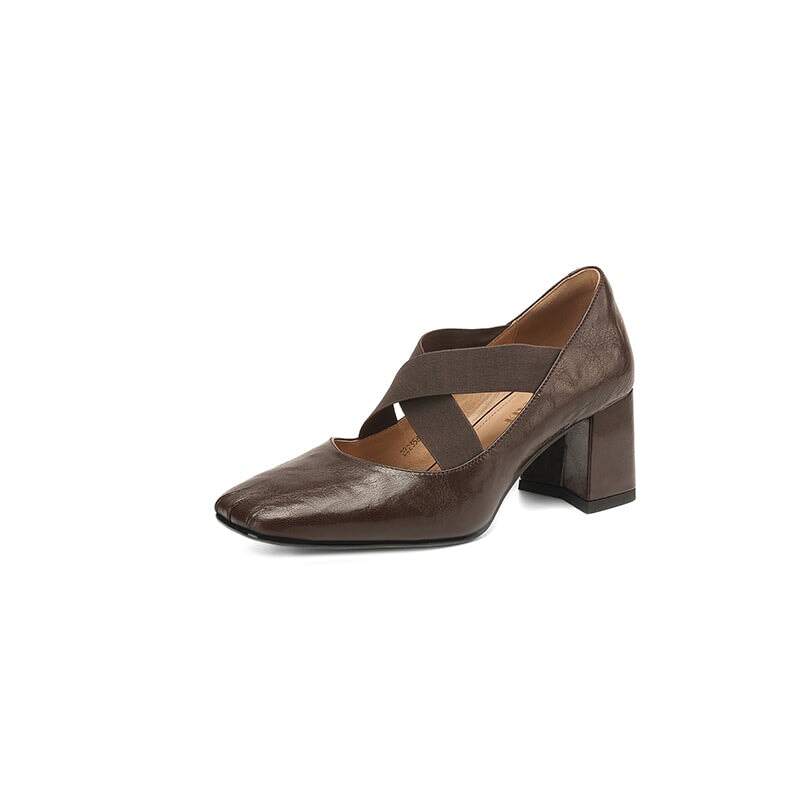 Women's Square Toe X-Strap Mary Jane Pumps 65mm Block Heel Leather Shoes in Brown/Black/Wine Red