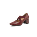 Women's Square Toe X-Strap Mary Jane Pumps 65mm Block Heel Leather Shoes in Brown/Black/Wine Red