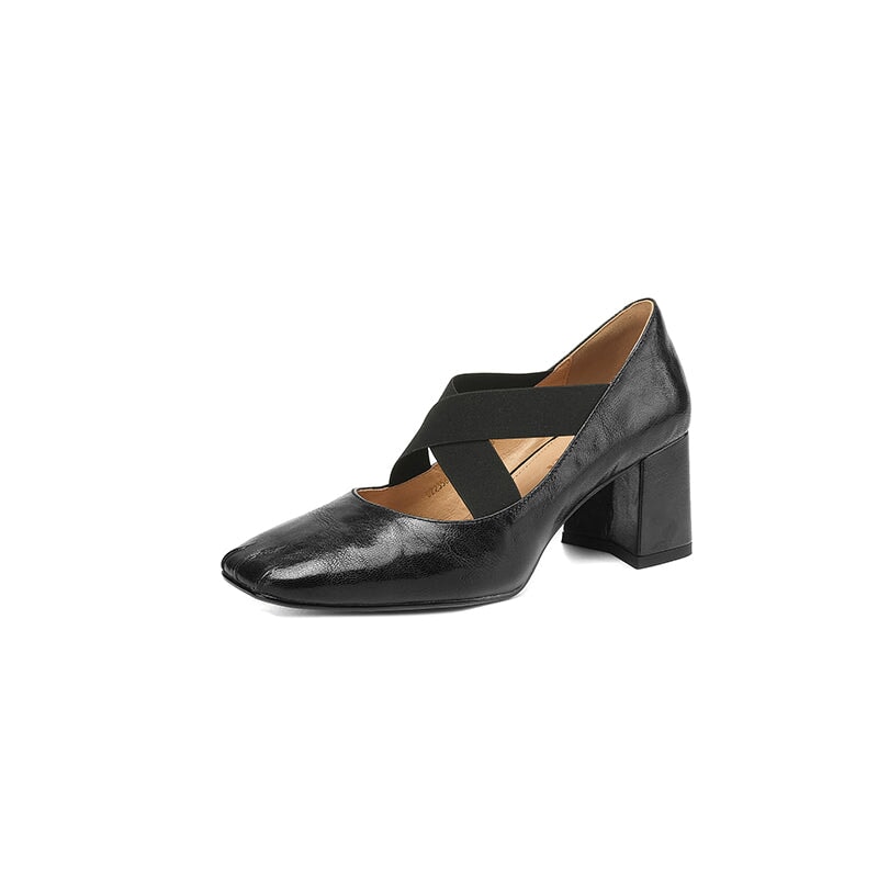 Women's Square Toe X-Strap Mary Jane Pumps 65mm Block Heel Leather Shoes in Brown/Black/Wine Red