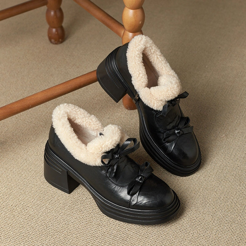 Women’s Winter Shaggy Bow-Tie Leather Pumps with 70mm Block Heel in Black