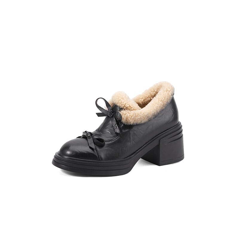 Women’s Winter Shaggy Bow-Tie Leather Pumps with 70mm Block Heel in Black
