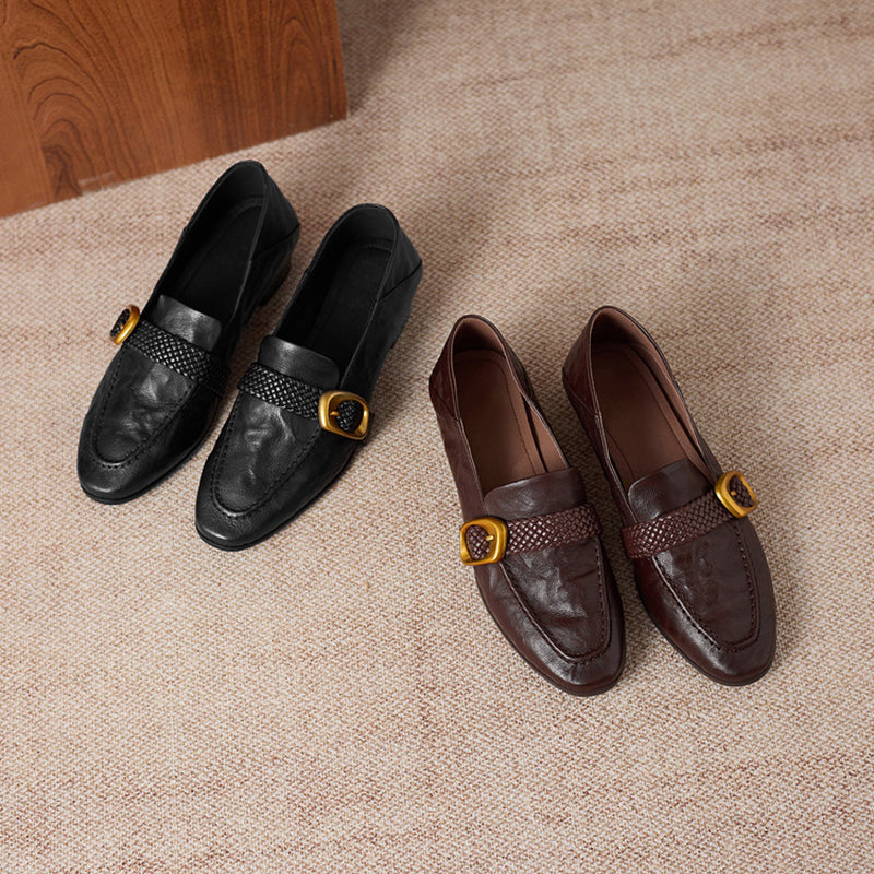 Women's Woven Strap Buckle Leather Loafers Square Toe Slip-On Shoes in Black/Brown