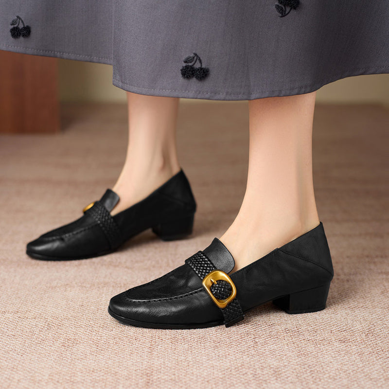 Women's Woven Strap Buckle Leather Loafers Square Toe Slip-On Shoes in Black/Brown