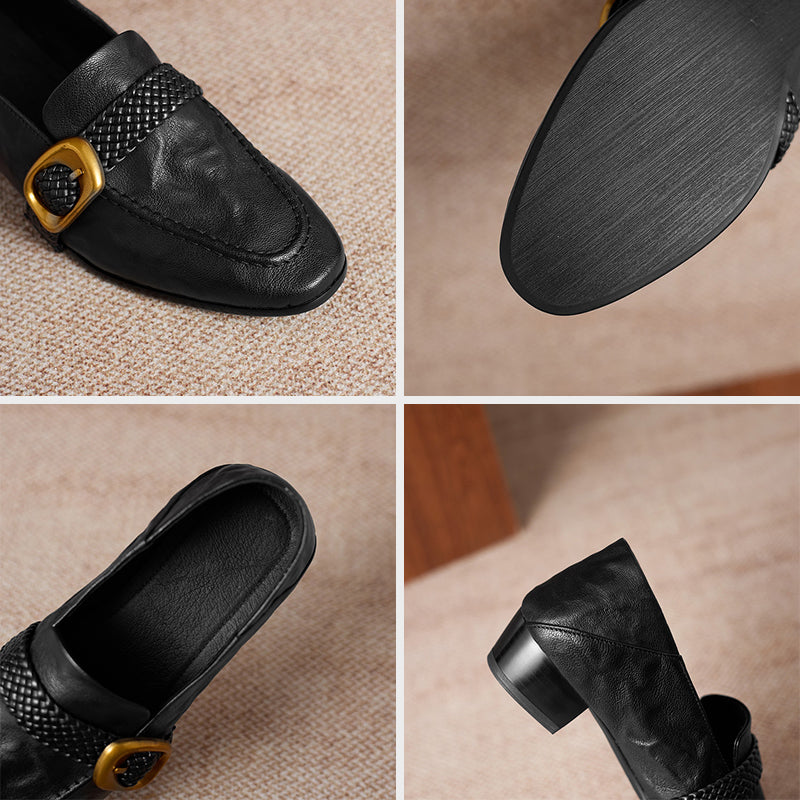 Women's Woven Strap Buckle Leather Loafers Square Toe Slip-On Shoes in Black/Brown