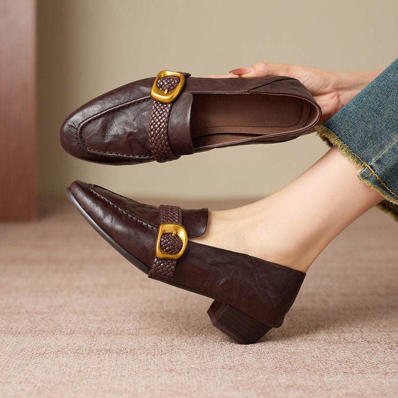 Women's Woven Strap Buckle Leather Loafers Square Toe Slip-On Shoes in Black/Brown