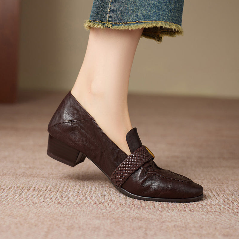 Women's Woven Strap Buckle Leather Loafers Square Toe Slip-On Shoes in Black/Brown