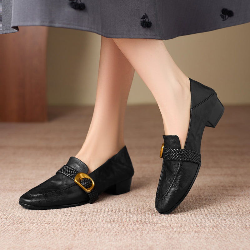 Women's Woven Strap Buckle Leather Loafers Square Toe Slip-On Shoes in Black/Brown