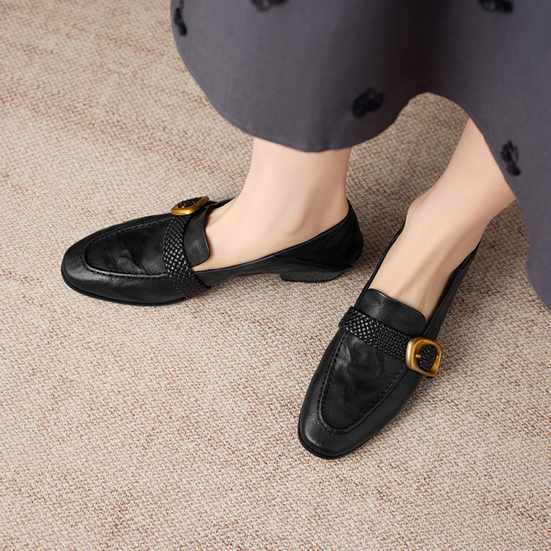 Women's Woven Strap Buckle Leather Loafers Square Toe Slip-On Shoes in Black/Brown
