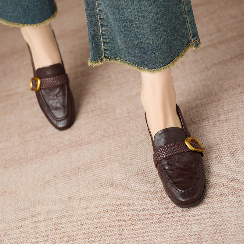 Women's Woven Strap Buckle Leather Loafers Square Toe Slip-On Shoes in Black/Brown