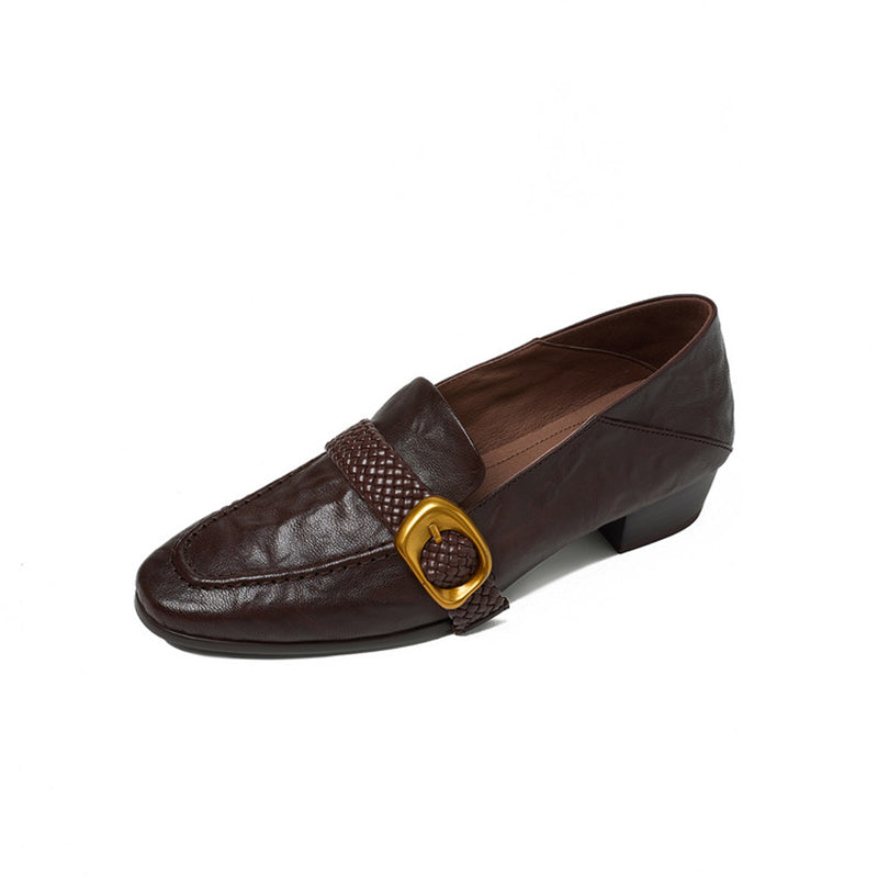 Women's Woven Strap Buckle Leather Loafers Square Toe Slip-On Shoes in Black/Brown